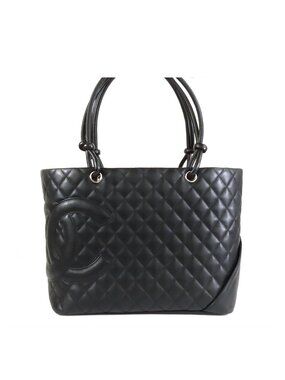 Chanel Cambon Line Tote Bag Black Silver Lambskin Large